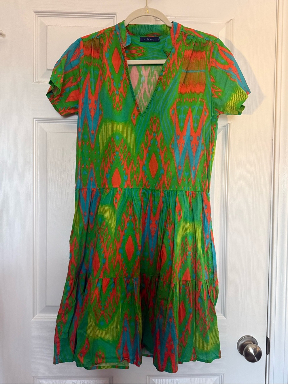 La Plage V-Neck Tiered Mini Dress in Green, Coral & Turquoise